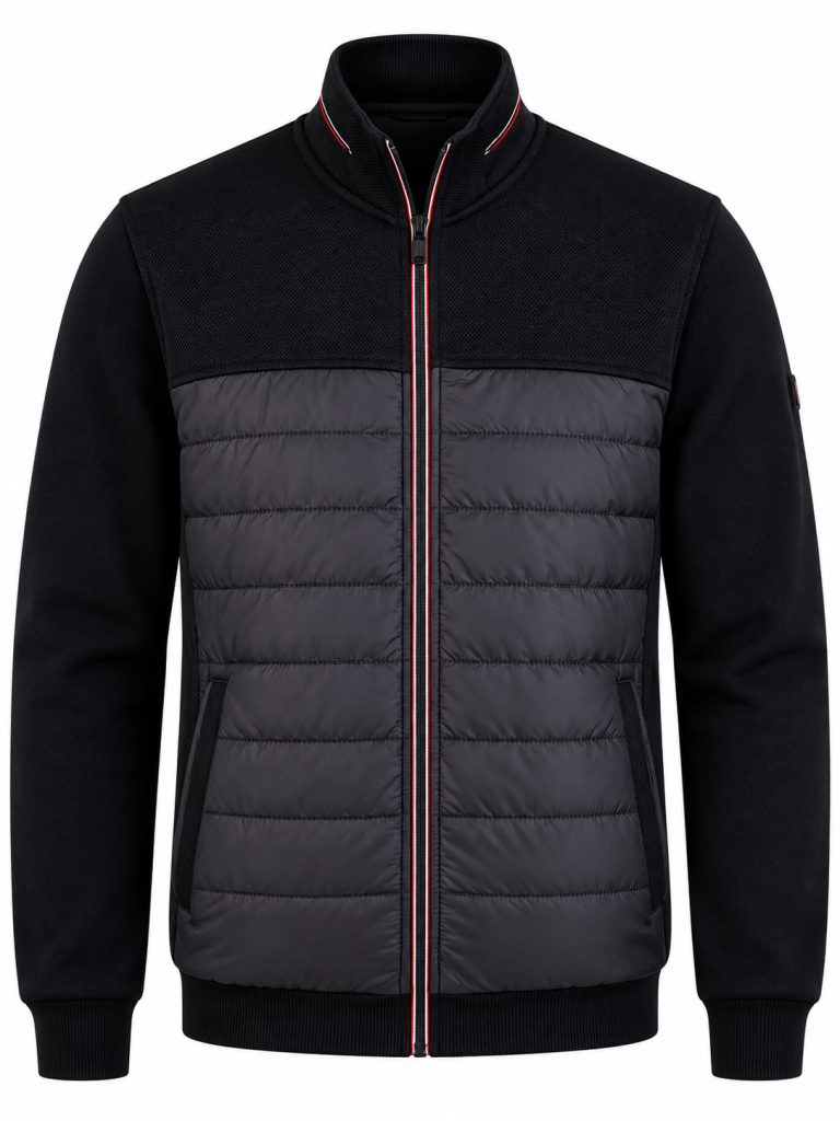 Veste zip tricolore bi-matière matelassée devant Marine/Marine .