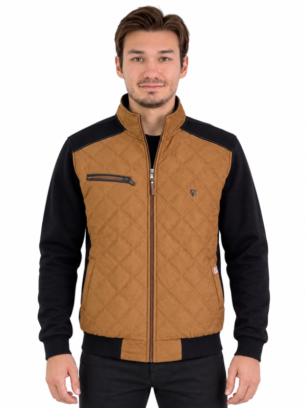 Veste zip bi-matière matelassée puff devant Marine/Camel — photo 2