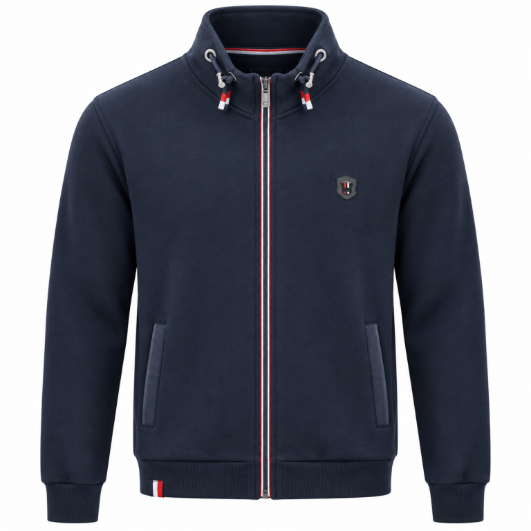 GiletZippé Homme Marine – Col Montant & Finitions Tricolores – MAXWAY