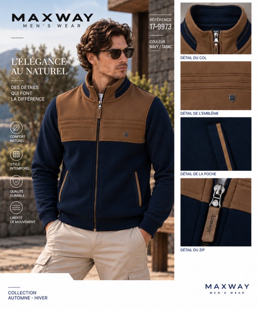 Présentation MAXWAY : veste marine et tabac portée, avec détails