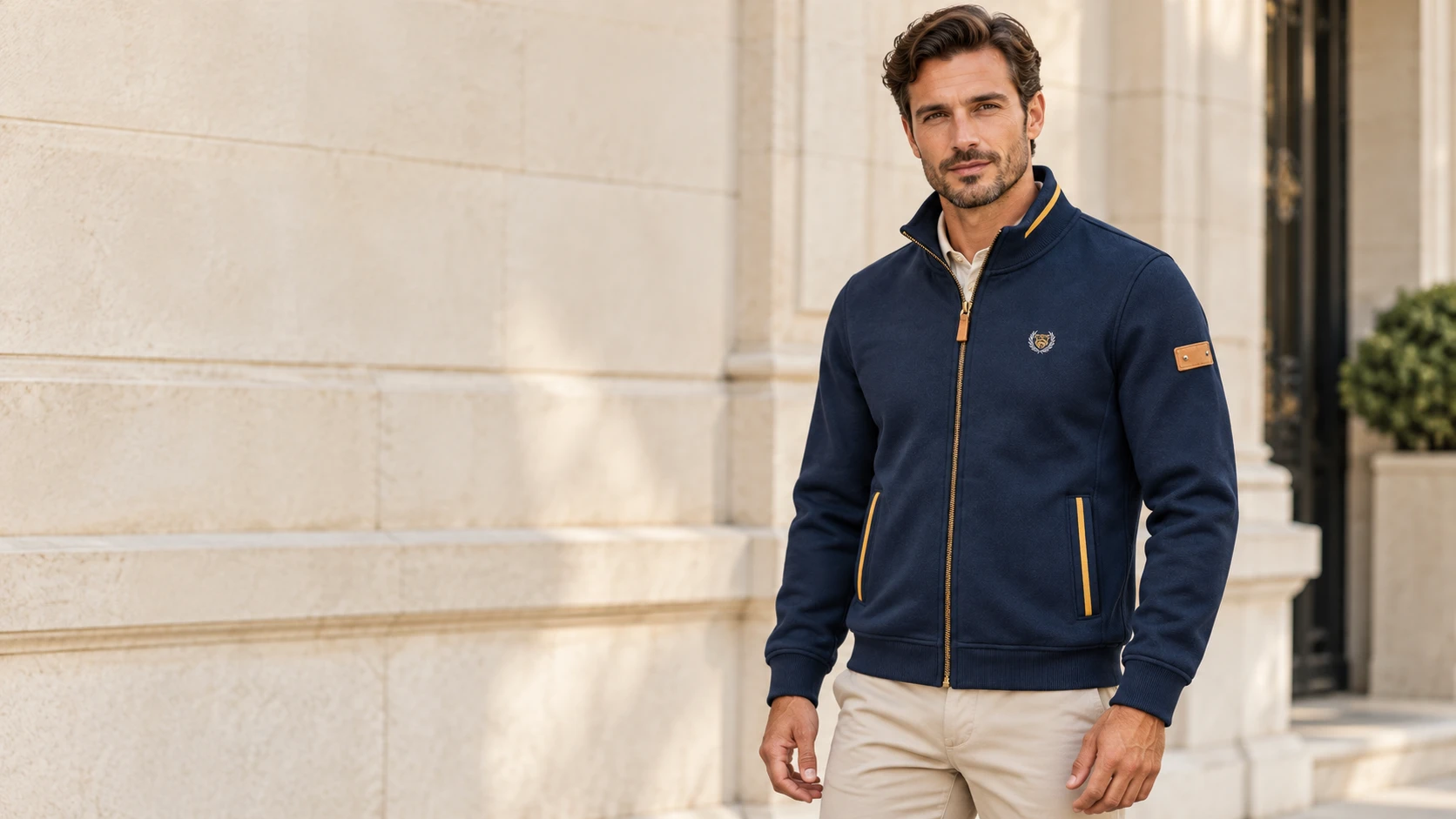 Veste marine à finitions dorées portée sur un polo écru