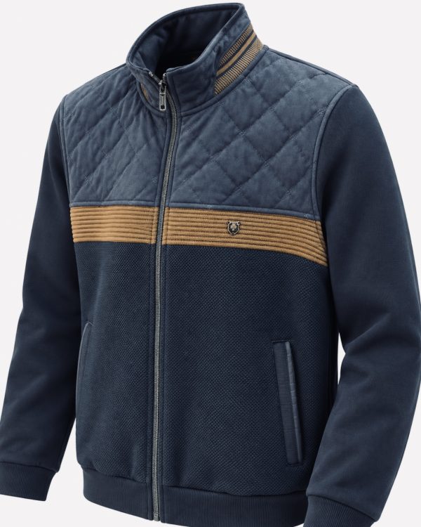 Veste zippée marine à matelassage losanges et bande camel — photo 3
