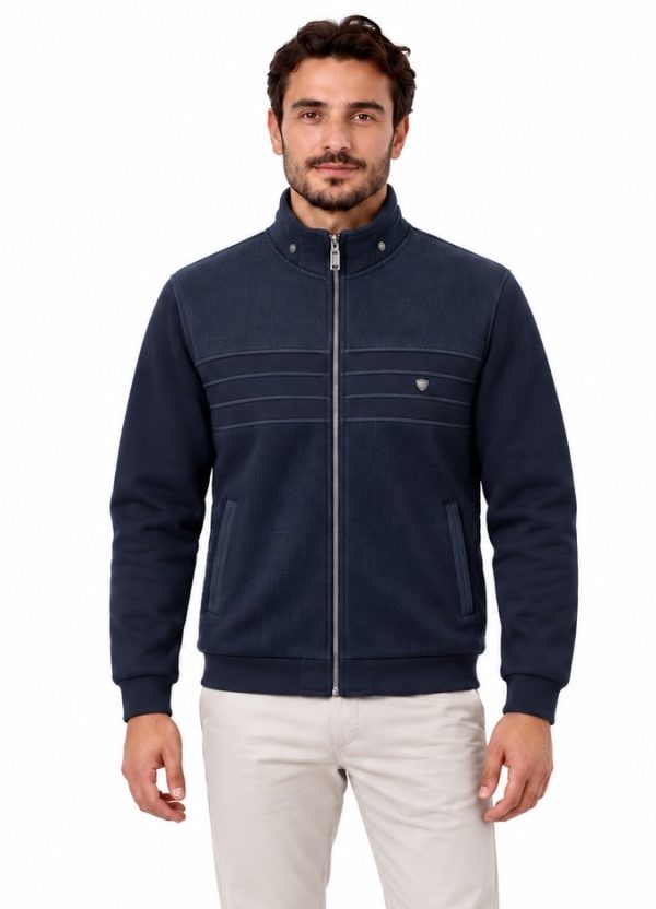 Veste zippée marine en maille texturée à côtes horizontales — photo 2