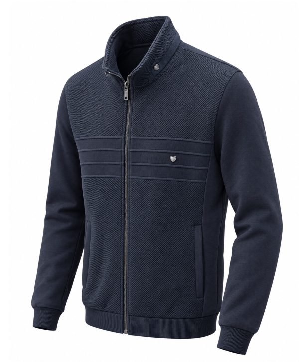 Veste zippée marine en maille texturée à côtes horizontales — photo 3