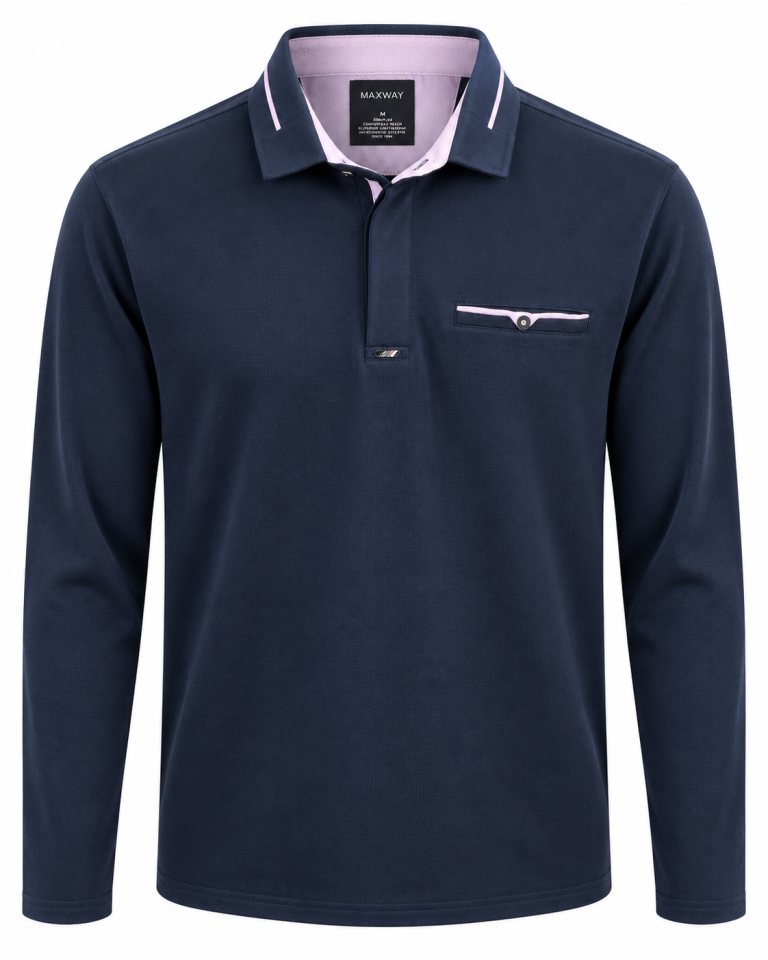 Polo MAXWAY manches longues marine rose pâle, face