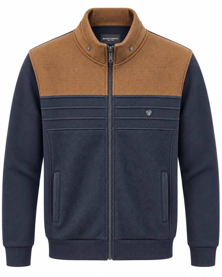 Veste zippée homme marine et camel à côtes horizontales, buste de face
