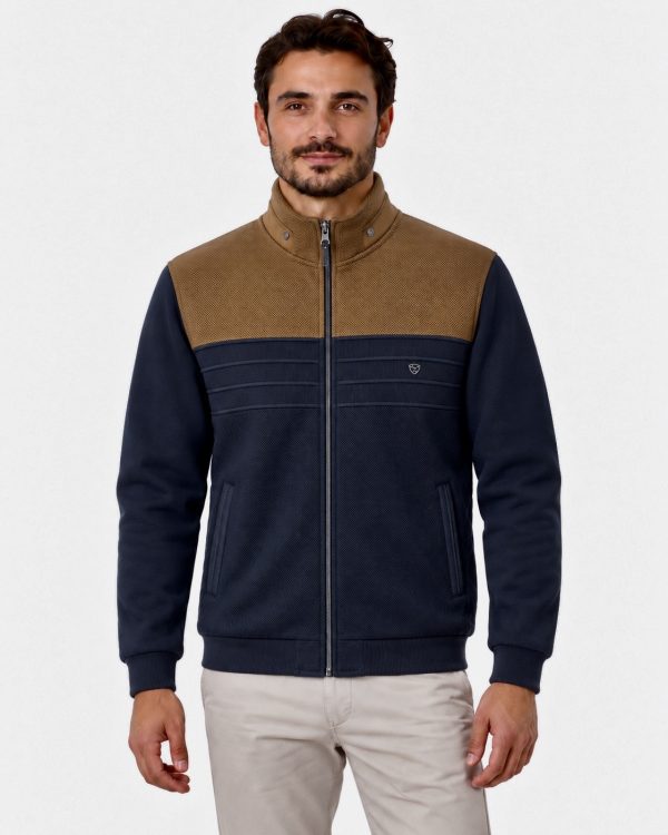 Veste zippée marine et camel à côtes horizontales — photo 2