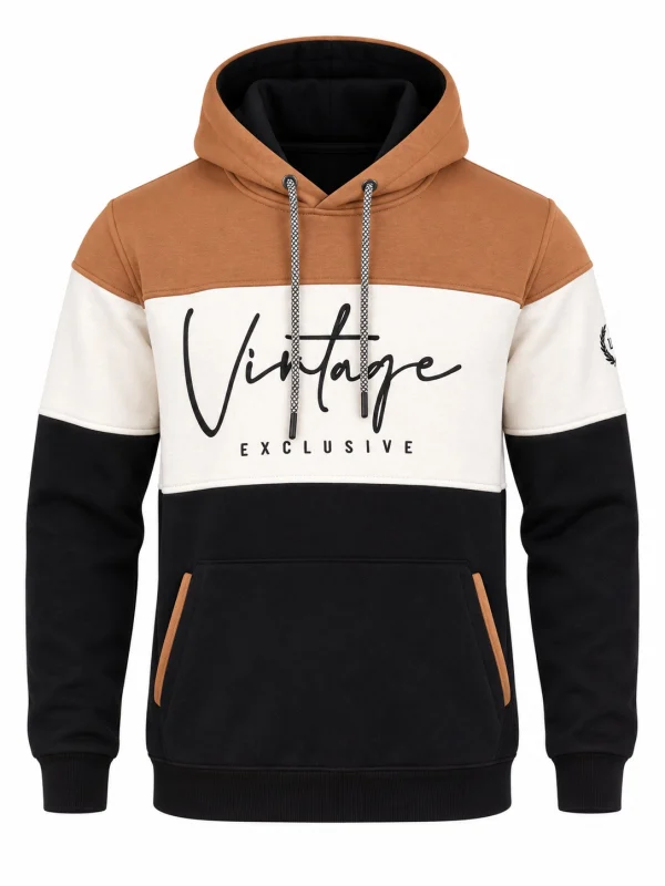 Sweat-shirt à capuche camel, écru et noir MAXWAY