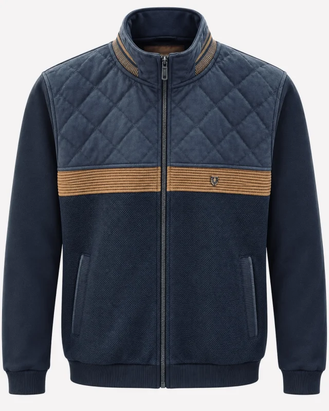 Veste zippée marine à matelassage losanges et bande camel