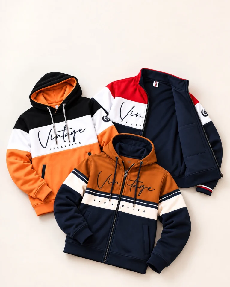 Sweat-shirt et gilets Vintage orange, camel, blanc, rouge et marine présentés à plat